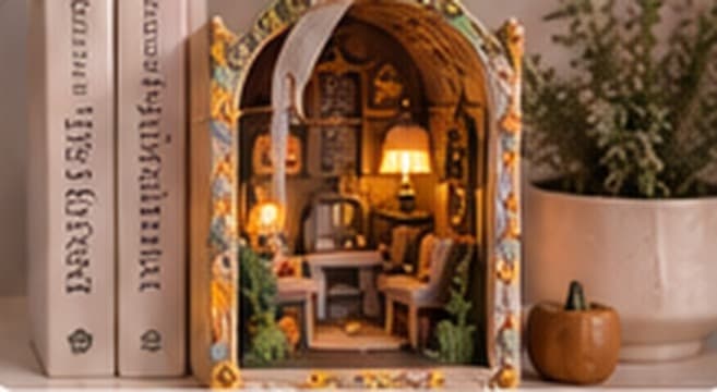 Book Nooks - Miniature lit worlds that slot between your books - cozy reading scenes printed and assembled by hand.