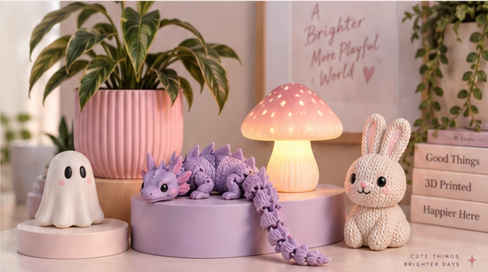 A group of 3D printed pieces - a mushroom lamp, a flexi dragon, a knit-look bunny and a small ghost - arranged on a shelf with plants.